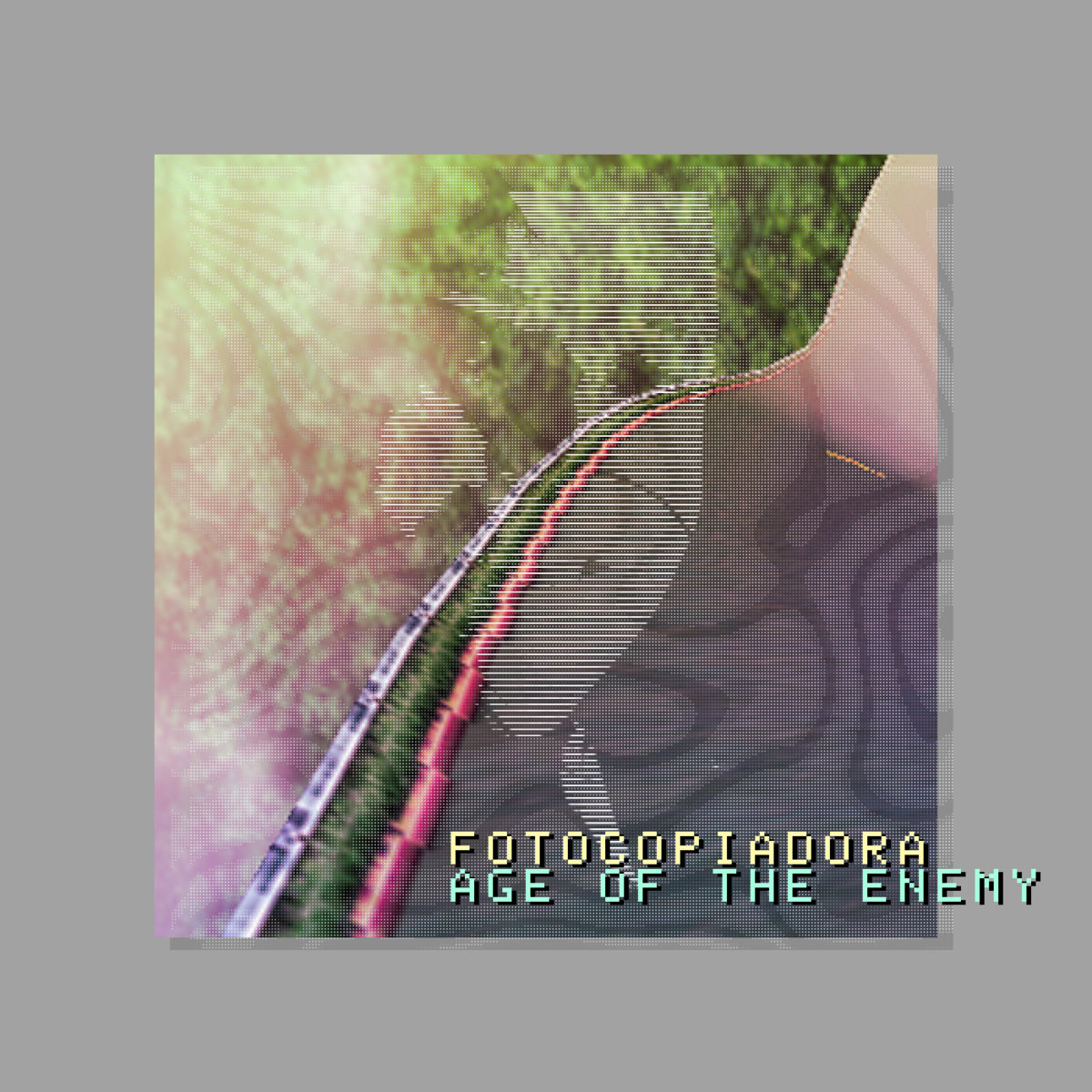 a distorted road with a face superimposed