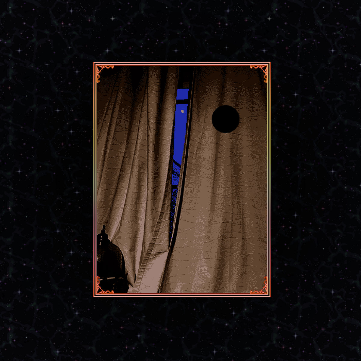 a window peeking out from white blinds, framed inside a starry night sky