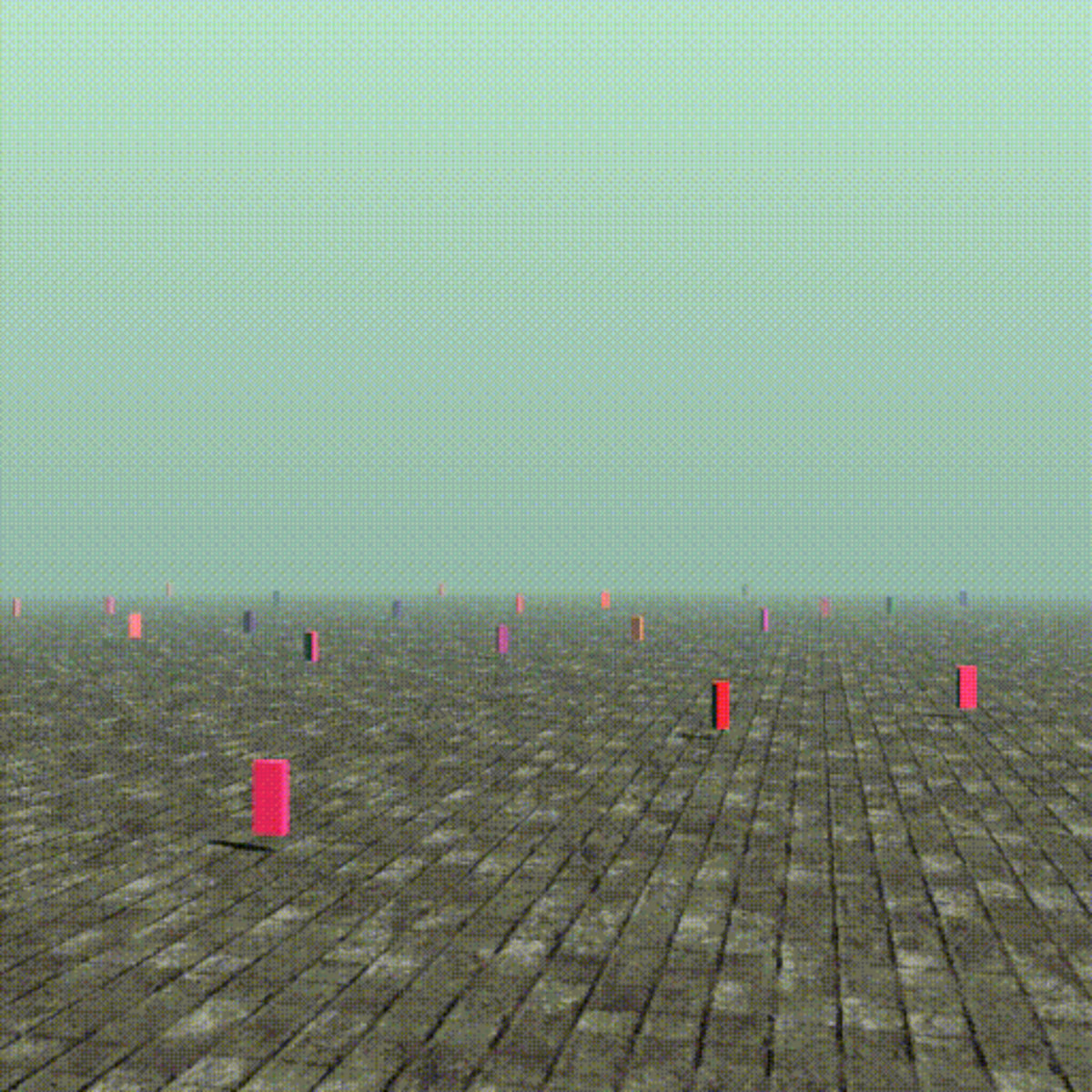a concrete field stretching into the distance; pink, purple, and red rectangles floating above it