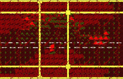 a swirl of red with a yellow grid laid over top