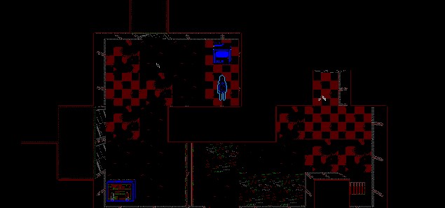 a blue character stands in a red house