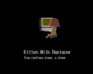 a woman at a computer, above the text - 'kitten milk replacer - from restless sleep, a dream'