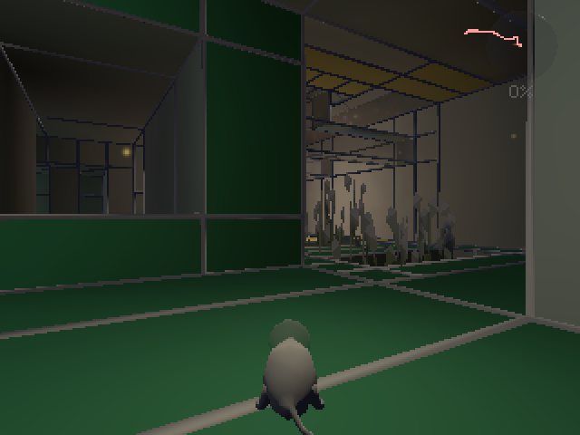 a mouse wandering through a maze of multicolored tiles. plants grow in the distance