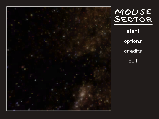a title screen that reads MOUSE SECTOR with menus to start, options, credits, or quit