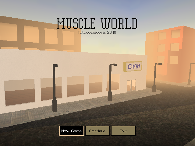 a title screen reading MUSCLE WORLD with options for a new game, to continue, or exit