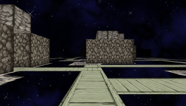 a wooden path overlooking a starry expanse with stone houses
