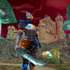 a warrior in a psx style landscape