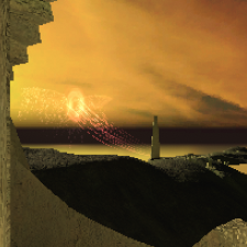 a black and white photo of a building superimposed on a game world