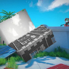 a black and white photo of a building superimposed on a game world