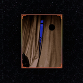 a window peeking out from white blinds, framed inside a starry night sky