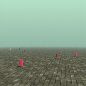 a concrete field stretching into the distance; pink, purple, and red rectangles floating above it