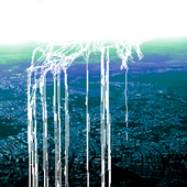 "greasemnk" in graffiti style superimposed over a blue cityscape